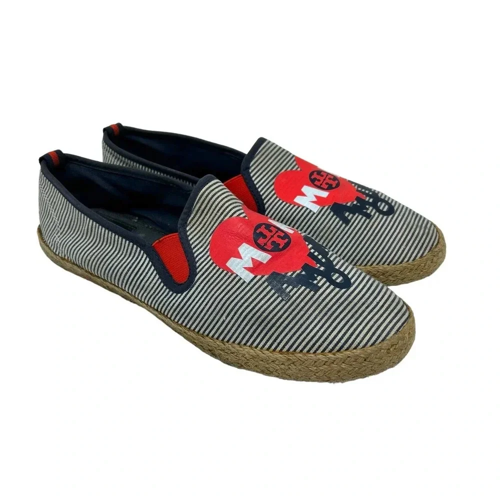Tory Burch Mon Amour Navy Blue Red Stripe‎ Heart Espadrille Flats Size 10